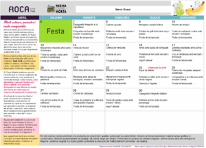 Menú BASAL del mes d'abril de 2026 de l'escola Regina Carmeli Horta.
